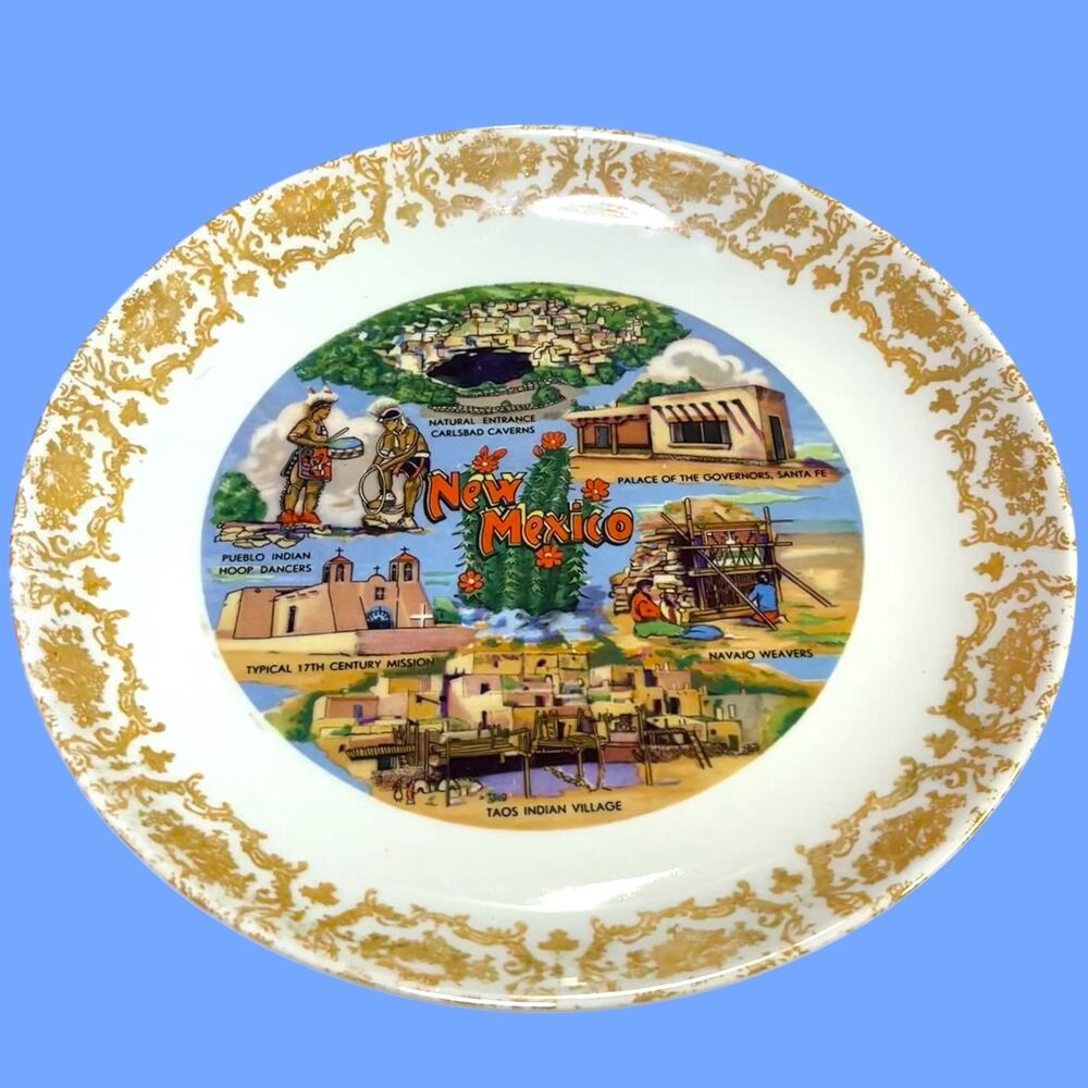 Vintage New Mexico Souvenir Plate 8" Carlsbad Caverns Taos Santa Fe Gold Trim